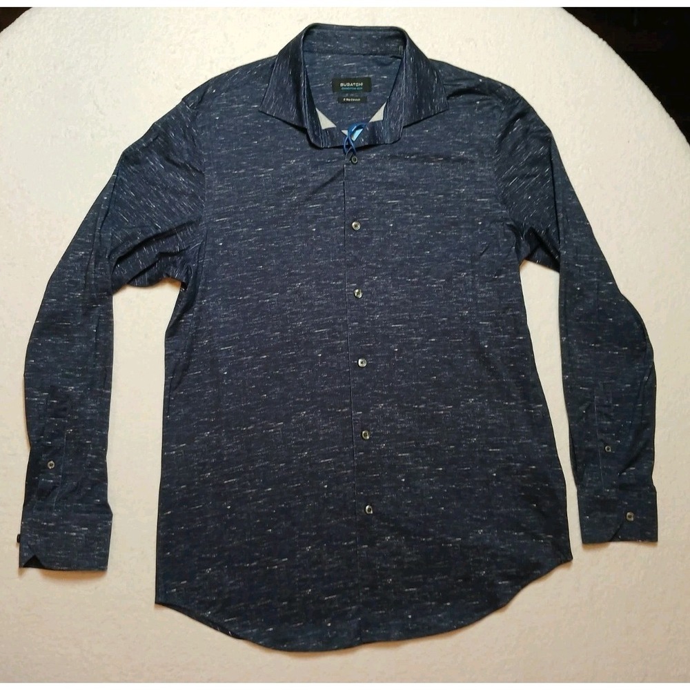 Bugatchi OooHCotton Tech Men's Navy 8 Way Stretch Button Up Long Sleeve Shirt- M
